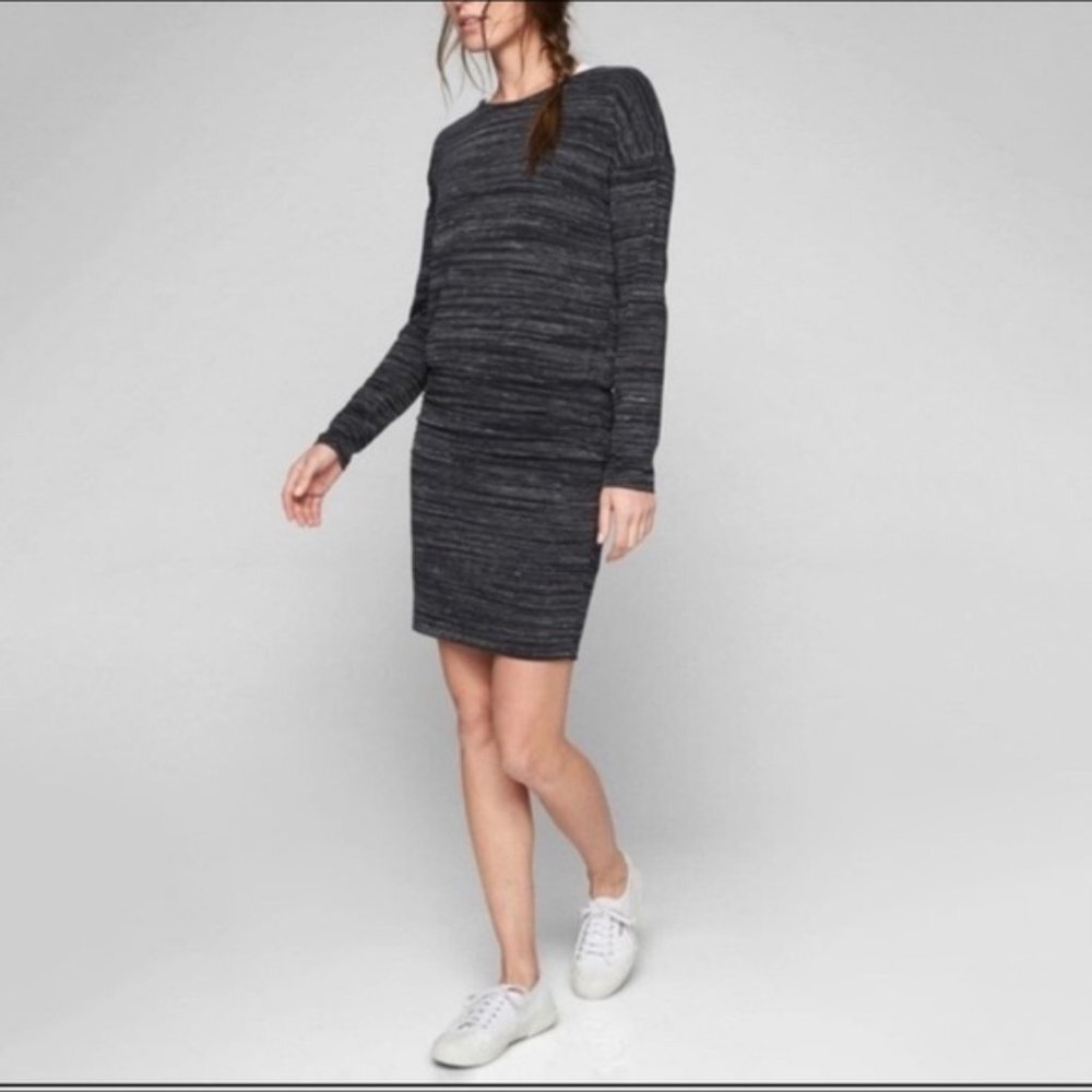 Athleta Avenues Long Sleeve Ruched Stretch Knit Dress Black Space Dye Grey XXS‎
